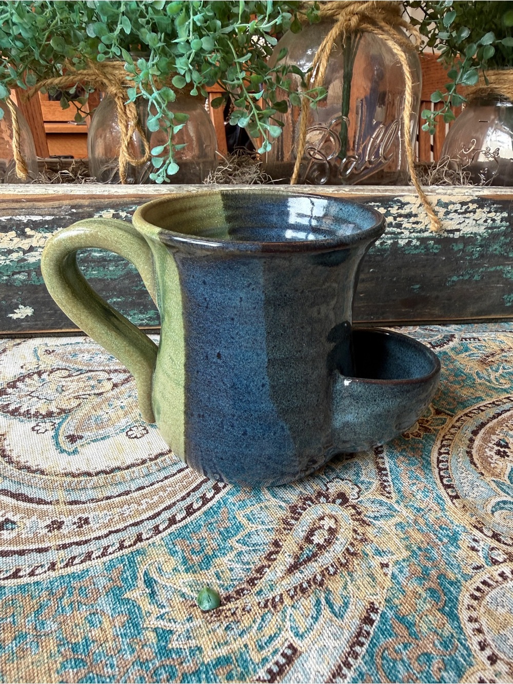 Tea Mug With Tea Bag Holder Handmade Pottery Blue Green Glaze Signed Mudworks
